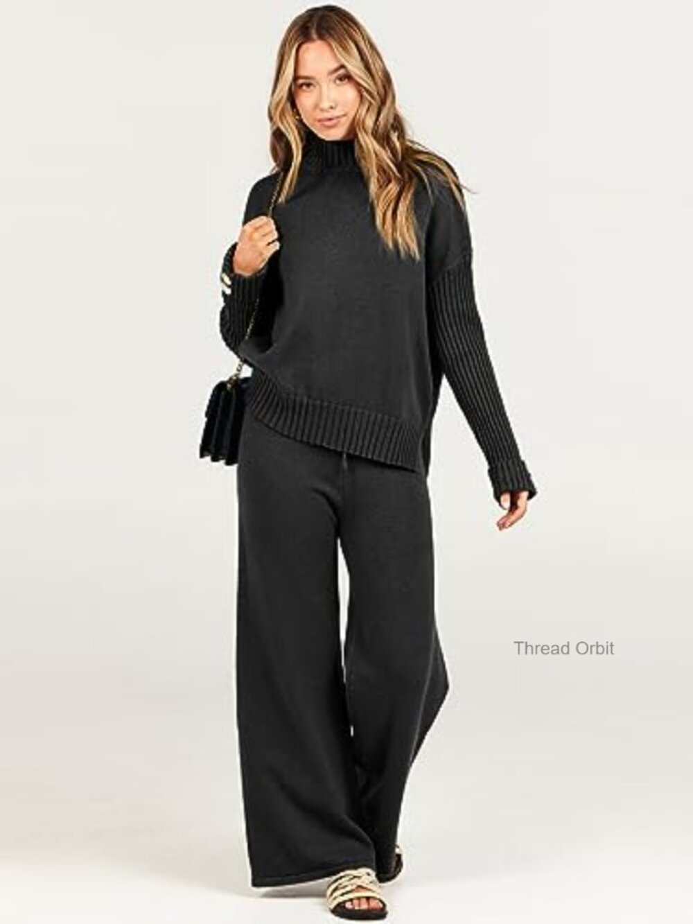 Soft Knit Sweater Set Turtleneck Top Wide Leg Pants Lounge Outfit - Picture 5 of 7